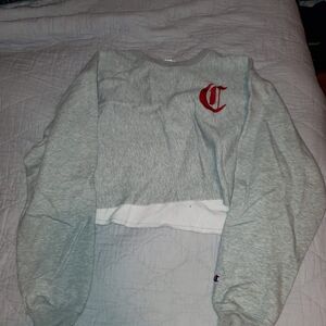 Champion Gray and White Sweatshirt with Red Logo